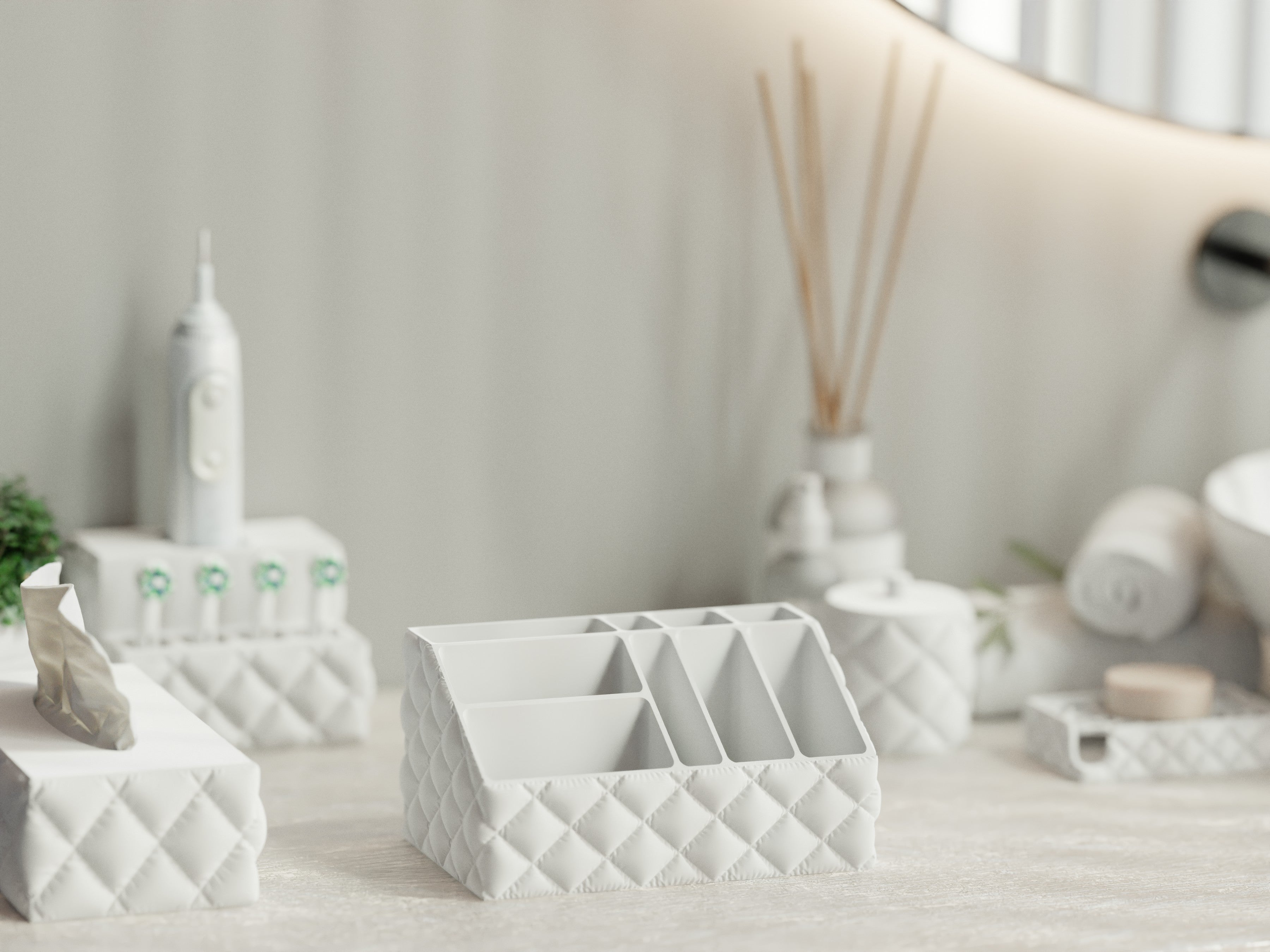 Velvera sculpted makeup organizer with quilted texture in a soft ivory finish